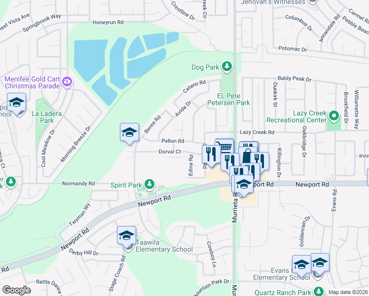 map of restaurants, bars, coffee shops, grocery stores, and more near 25765 Dorval Court in Menifee