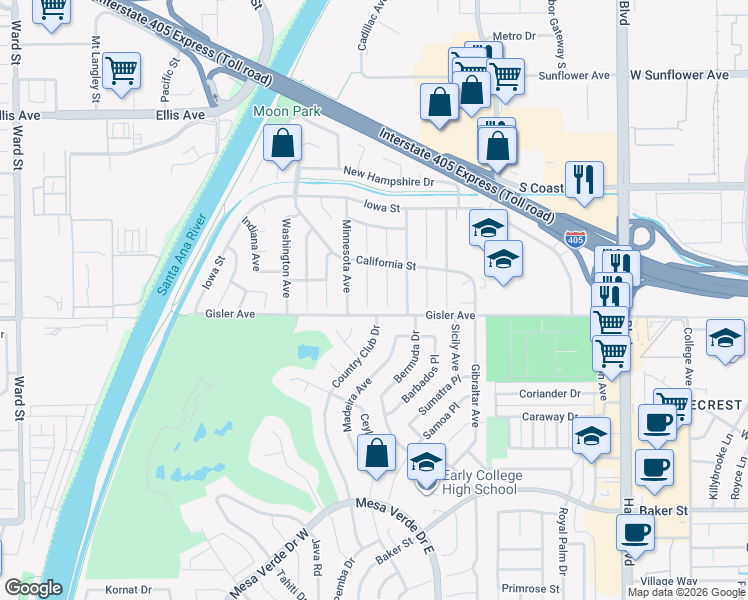map of restaurants, bars, coffee shops, grocery stores, and more near 3198 Country Club Drive in Costa Mesa