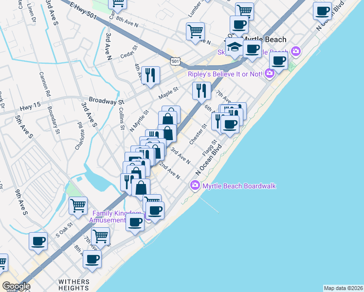 map of restaurants, bars, coffee shops, grocery stores, and more near 403 3rd Avenue North in Myrtle Beach