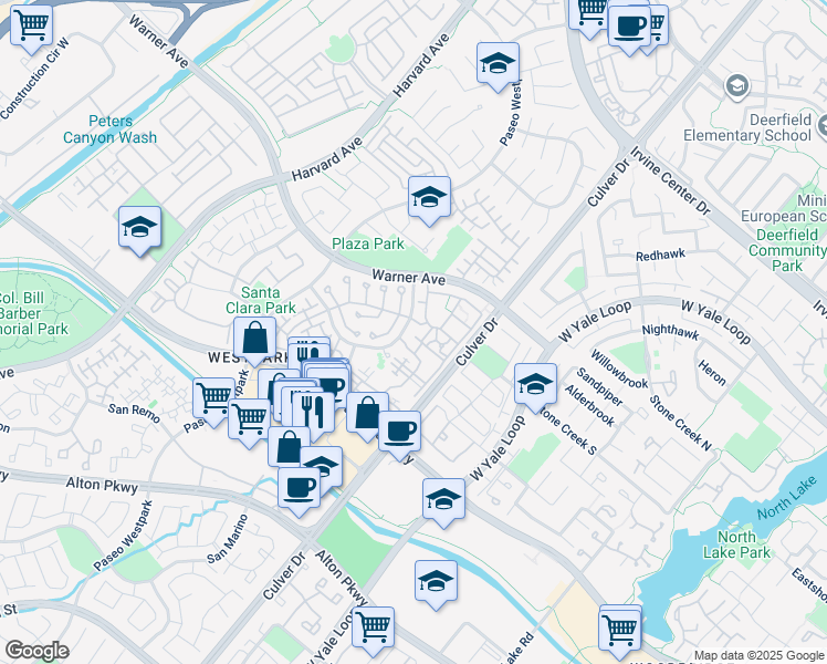 map of restaurants, bars, coffee shops, grocery stores, and more near 500 Cardiff in Irvine