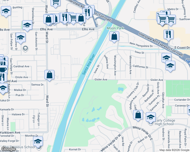 map of restaurants, bars, coffee shops, grocery stores, and more near 3210 Iowa Street in Costa Mesa