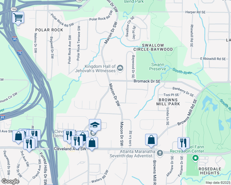 map of restaurants, bars, coffee shops, grocery stores, and more near 2450 Macon Drive Southwest in Atlanta