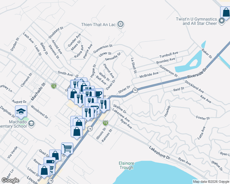 map of restaurants, bars, coffee shops, grocery stores, and more near in Lake Elsinore