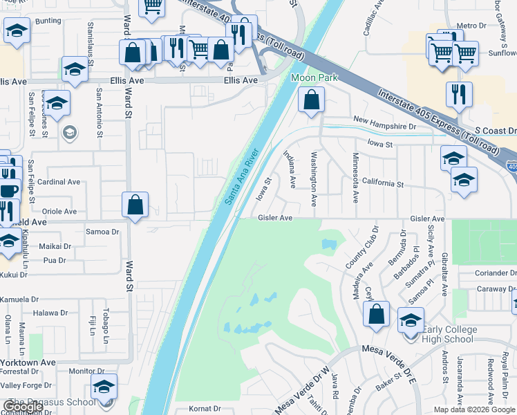 map of restaurants, bars, coffee shops, grocery stores, and more near 3210 Iowa Street in Costa Mesa