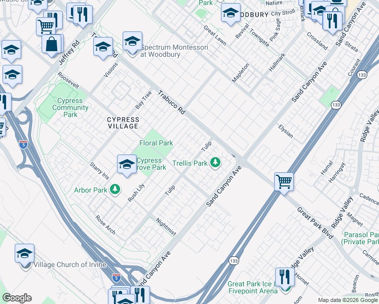 map of restaurants, bars, coffee shops, grocery stores, and more near 80 Gardenhouse Way in Irvine