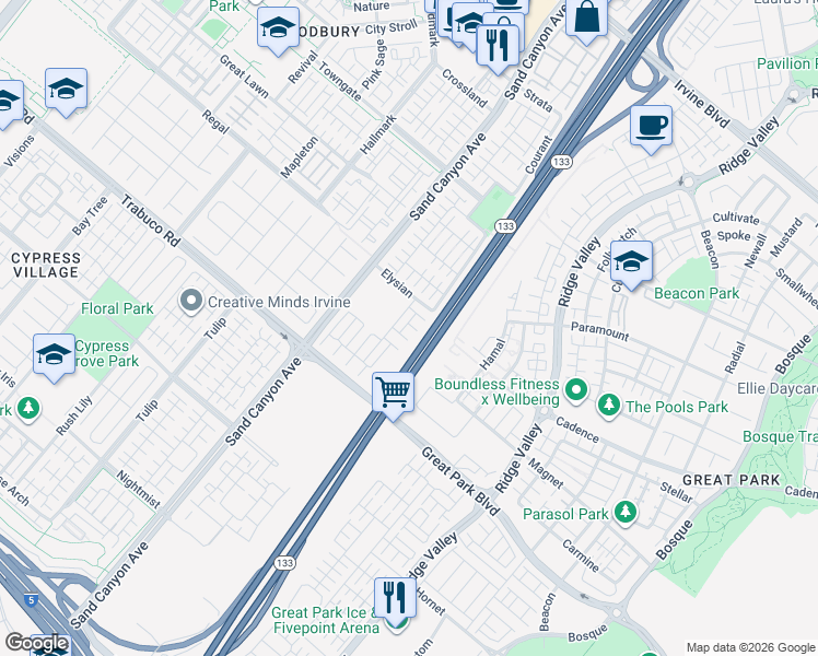 map of restaurants, bars, coffee shops, grocery stores, and more near 142 Hedge Bloom in Irvine