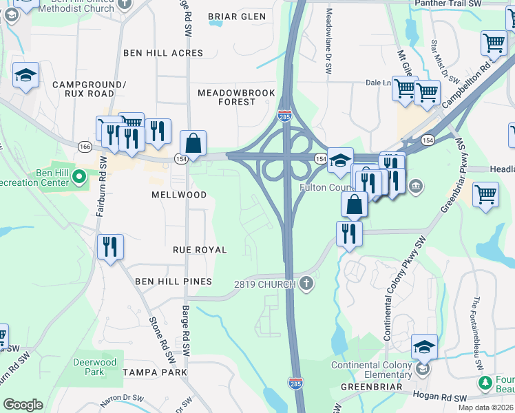 map of restaurants, bars, coffee shops, grocery stores, and more near 2400 Barge Road Southwest in Atlanta