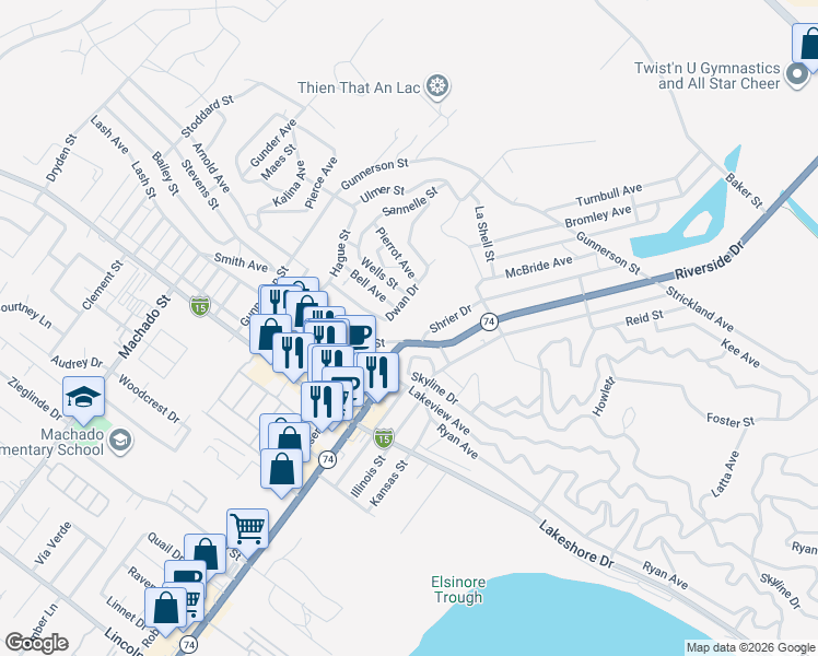 map of restaurants, bars, coffee shops, grocery stores, and more near Riverside Drive in Lake Elsinore