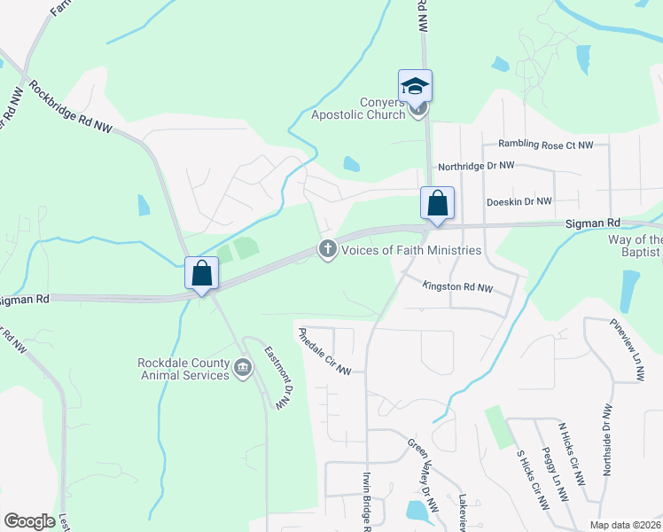 map of restaurants, bars, coffee shops, grocery stores, and more near 1290 Sigman Road Northwest in Conyers
