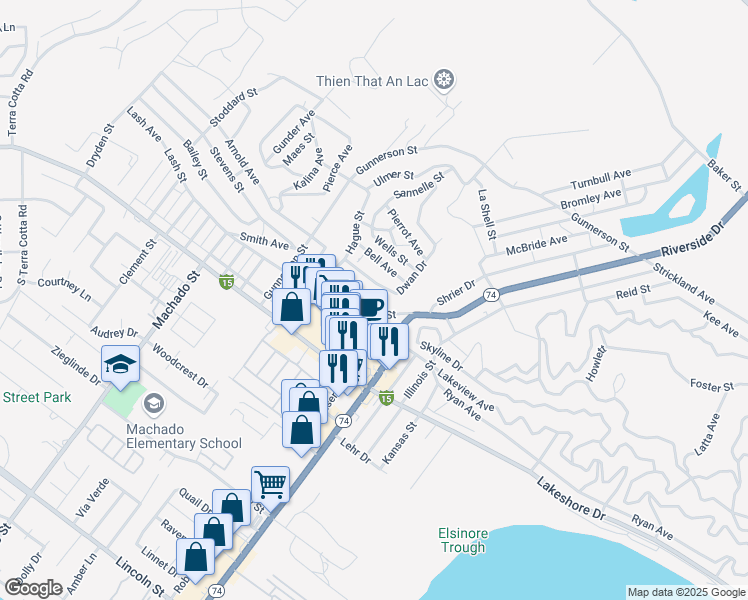 map of restaurants, bars, coffee shops, grocery stores, and more near Hunt Avenue in Lake Elsinore