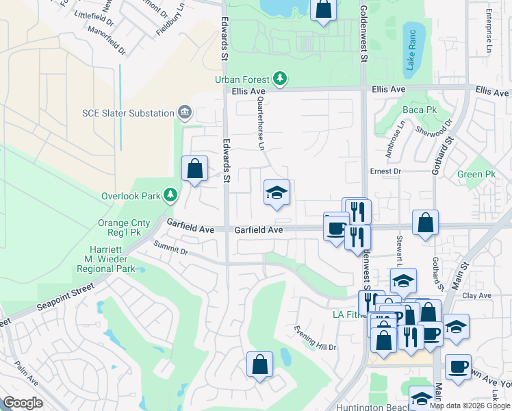 map of restaurants, bars, coffee shops, grocery stores, and more near 18912 Rockinghorse Lane in Huntington Beach