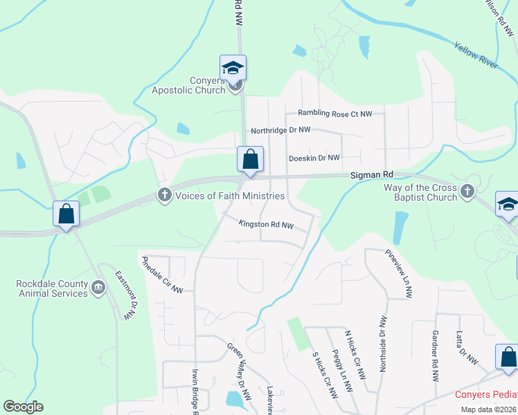 map of restaurants, bars, coffee shops, grocery stores, and more near 1611 Wesley Way Northwest in Conyers