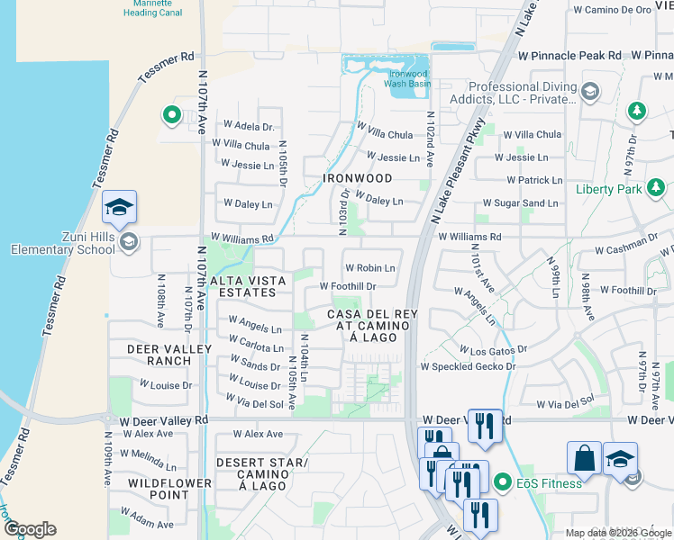 map of restaurants, bars, coffee shops, grocery stores, and more near 22440 North 104th Avenue in Peoria