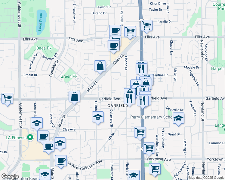 map of restaurants, bars, coffee shops, grocery stores, and more near 18922 Delaware Street in Huntington Beach