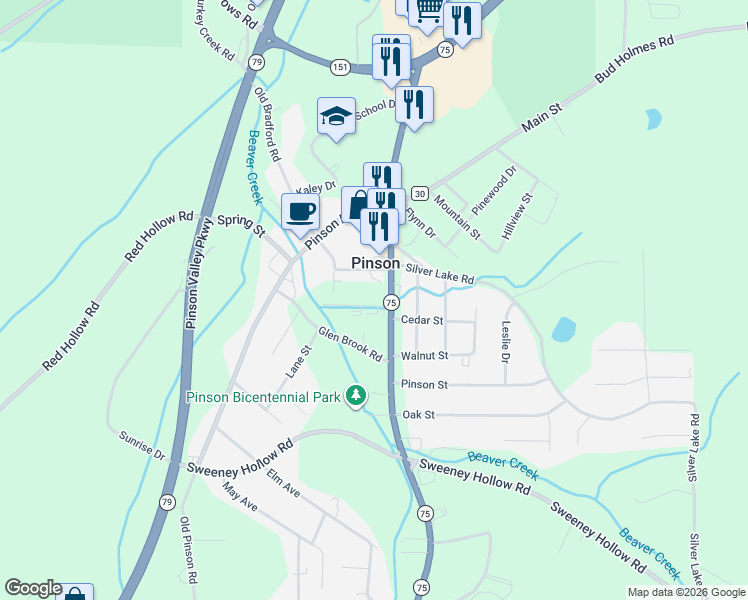 map of restaurants, bars, coffee shops, grocery stores, and more near 4402 Pinson Boulevard in Pinson