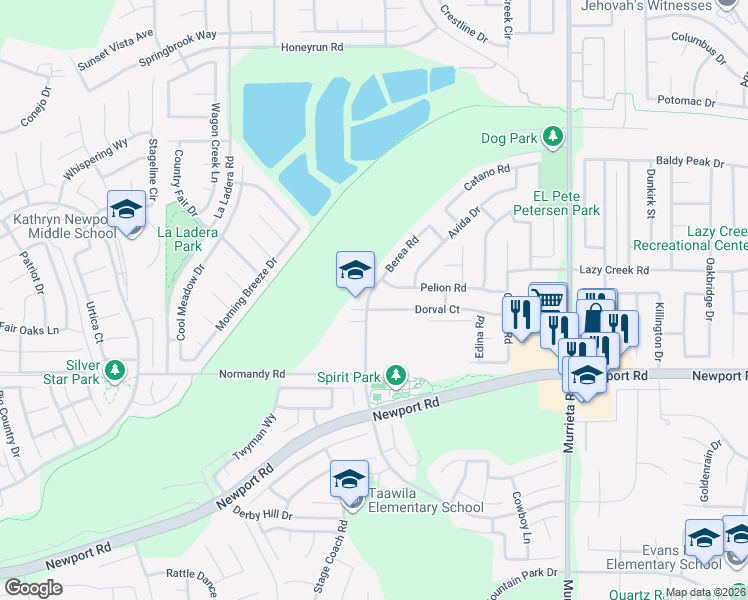 map of restaurants, bars, coffee shops, grocery stores, and more near 25525 Dorval Court in Menifee