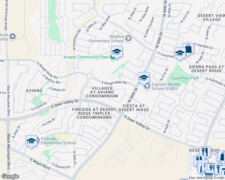map of restaurants, bars, coffee shops, grocery stores, and more near 3935 East Rough Rider Road in Phoenix