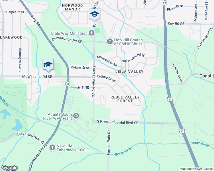 map of restaurants, bars, coffee shops, grocery stores, and more near 981 Rebel Forest Drive Southeast in Atlanta