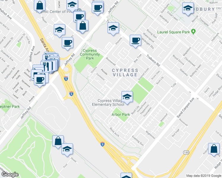map of restaurants, bars, coffee shops, grocery stores, and more near 108 Summer Lilac in Irvine