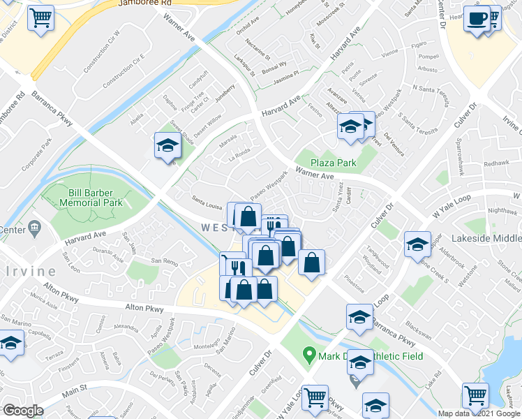 map of restaurants, bars, coffee shops, grocery stores, and more near 1800 Ladrillo Aisle in Irvine