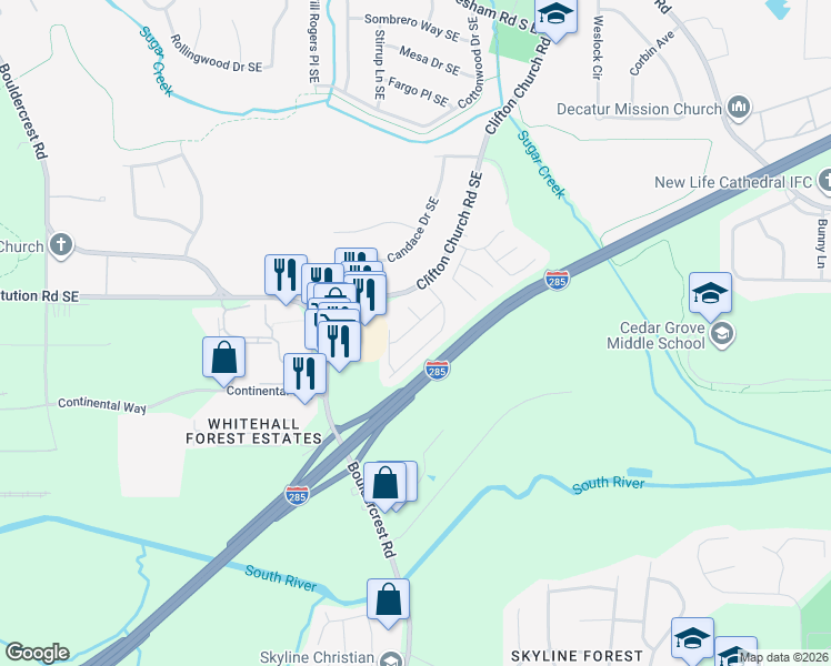 map of restaurants, bars, coffee shops, grocery stores, and more near 2145 Forest Ridge Road Southeast in Atlanta