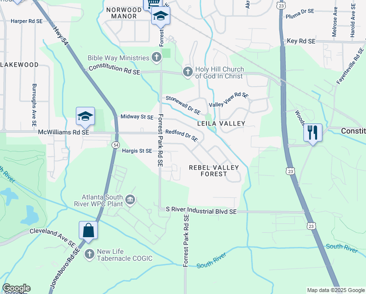 map of restaurants, bars, coffee shops, grocery stores, and more near 981 Rebel Forest Drive Southeast in Atlanta