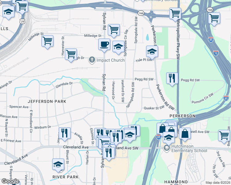 map of restaurants, bars, coffee shops, grocery stores, and more near 2484 Harwood Drive in East Point