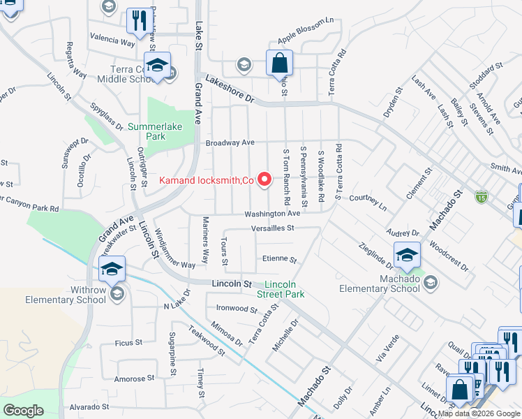 map of restaurants, bars, coffee shops, grocery stores, and more near 15242 Washington Street in Lake Elsinore