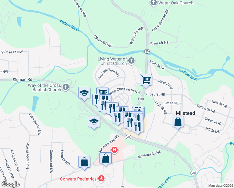 map of restaurants, bars, coffee shops, grocery stores, and more near 117 Odyssey Turn Northwest in Conyers