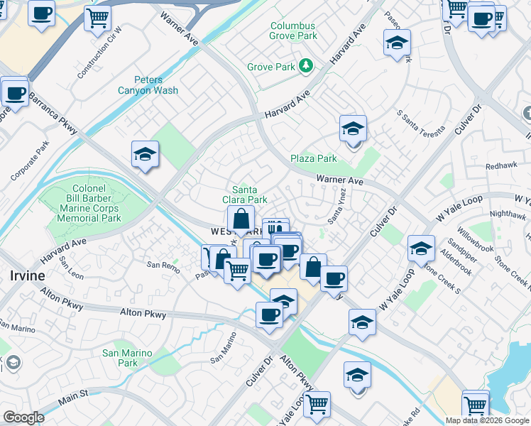 map of restaurants, bars, coffee shops, grocery stores, and more near 1400 Solvay Aisle in Irvine