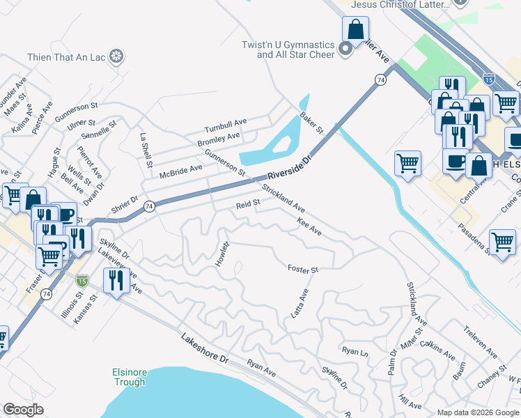 map of restaurants, bars, coffee shops, grocery stores, and more near 29740 Denny Drive in Lake Elsinore