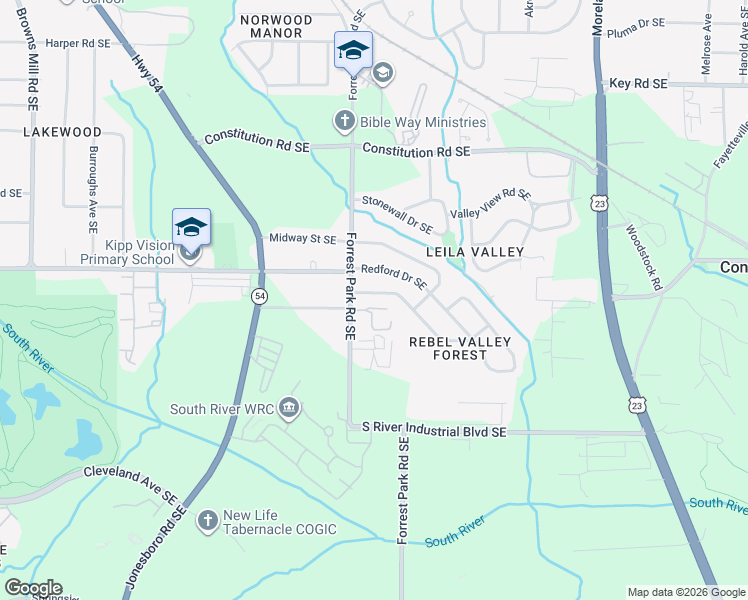 map of restaurants, bars, coffee shops, grocery stores, and more near 1017 Rebel Forest Drive Southeast in Atlanta