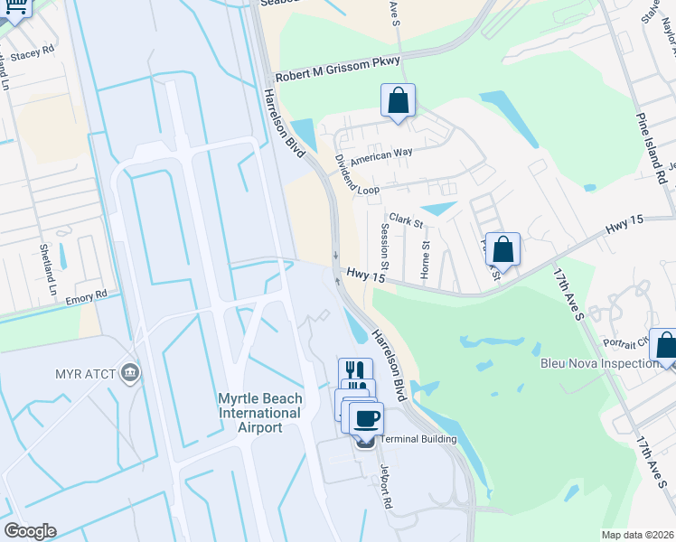 map of restaurants, bars, coffee shops, grocery stores, and more near Harrelson Boulevard in Myrtle Beach
