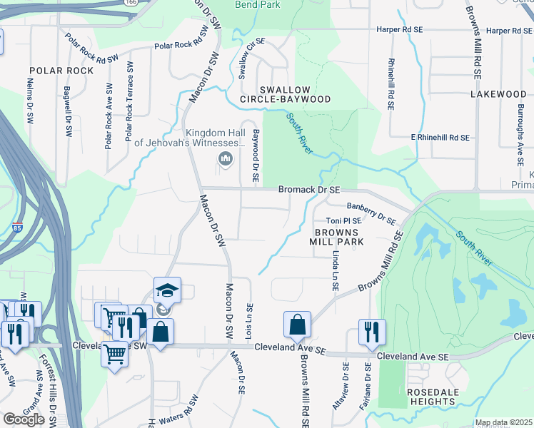 map of restaurants, bars, coffee shops, grocery stores, and more near 121 Hillsdale Drive Southeast in Atlanta