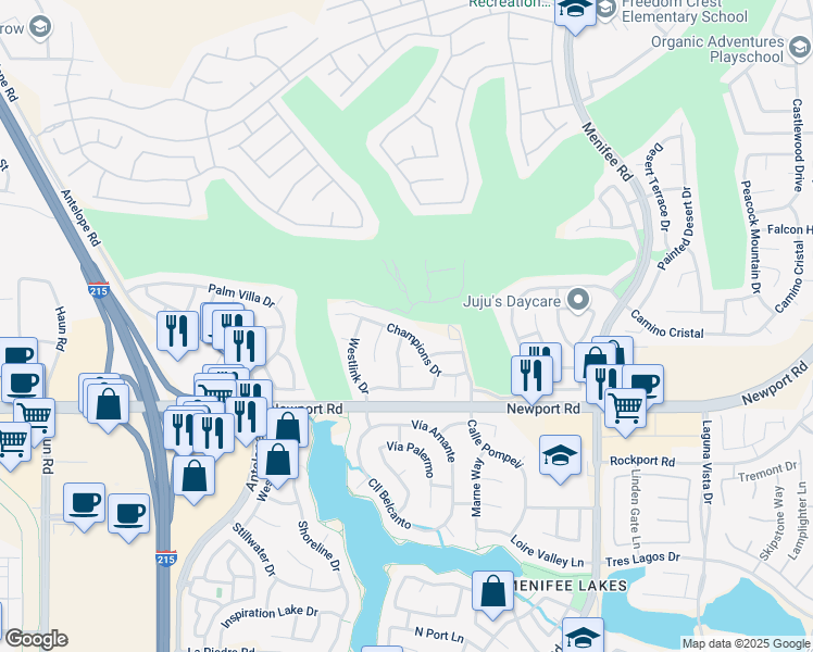 map of restaurants, bars, coffee shops, grocery stores, and more near 28660 Champions Drive in Menifee