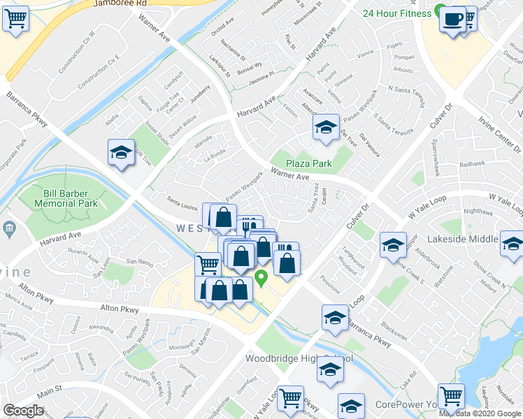 map of restaurants, bars, coffee shops, grocery stores, and more near 3603 Ladrillo Aisle in Irvine