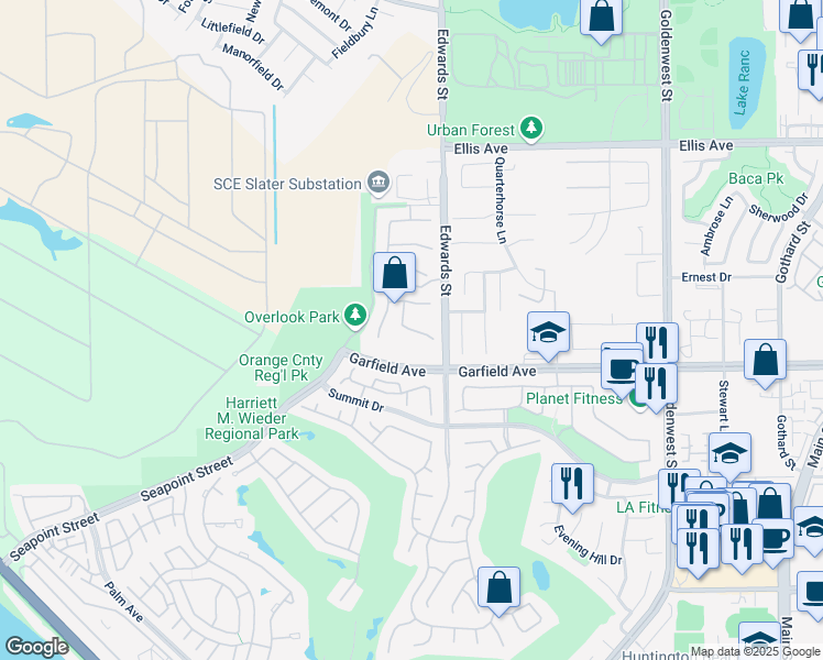 map of restaurants, bars, coffee shops, grocery stores, and more near Evening Breeze Circle in Huntington Beach
