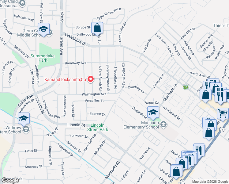 map of restaurants, bars, coffee shops, grocery stores, and more near 3 Shirley Drive in Lake Elsinore