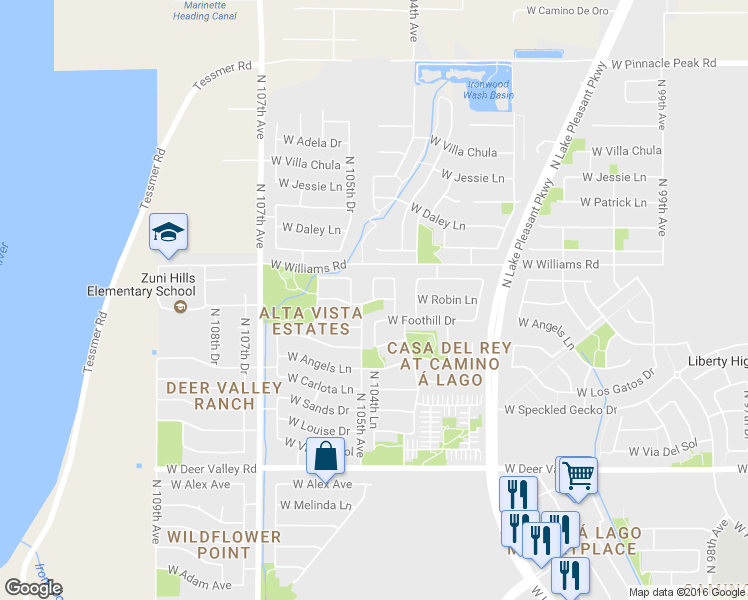 map of restaurants, bars, coffee shops, grocery stores, and more near 10460 West Robin Lane in Peoria