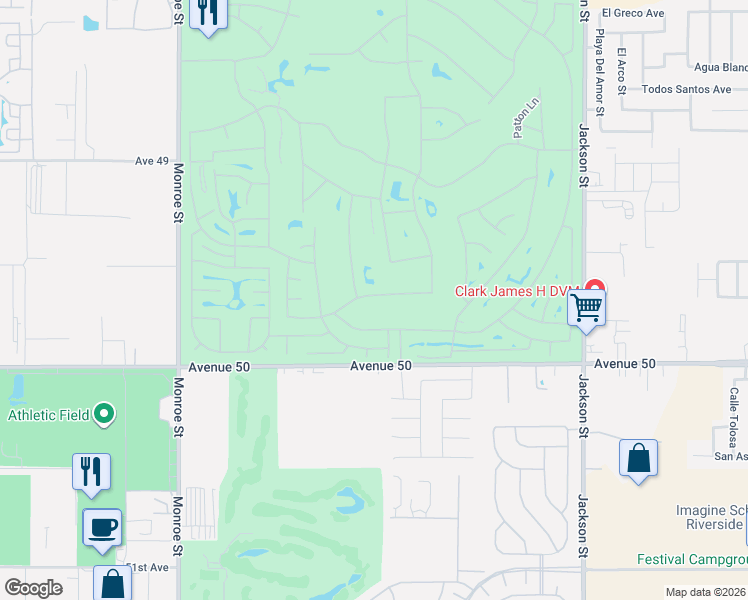 map of restaurants, bars, coffee shops, grocery stores, and more near 82491 Grant Drive in Indio