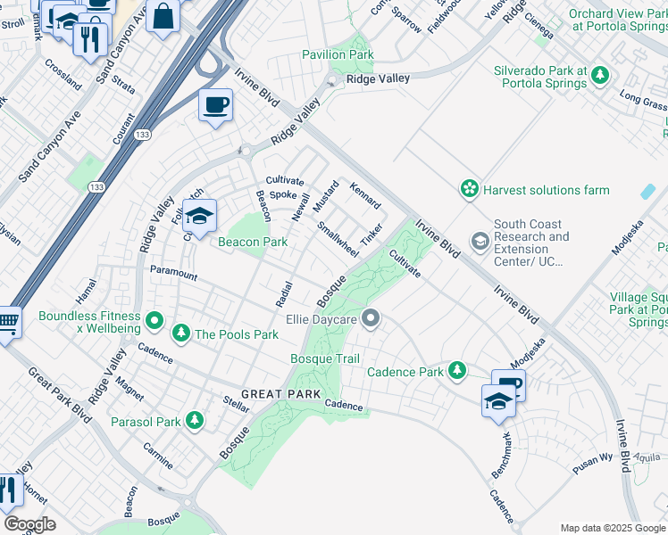 map of restaurants, bars, coffee shops, grocery stores, and more near 103 Diamondback in Irvine