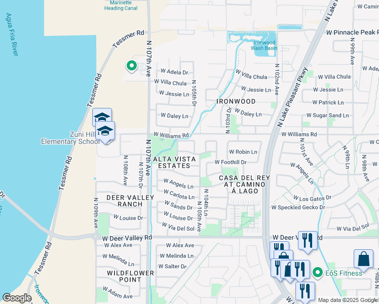 map of restaurants, bars, coffee shops, grocery stores, and more near West Robin Lane in Peoria