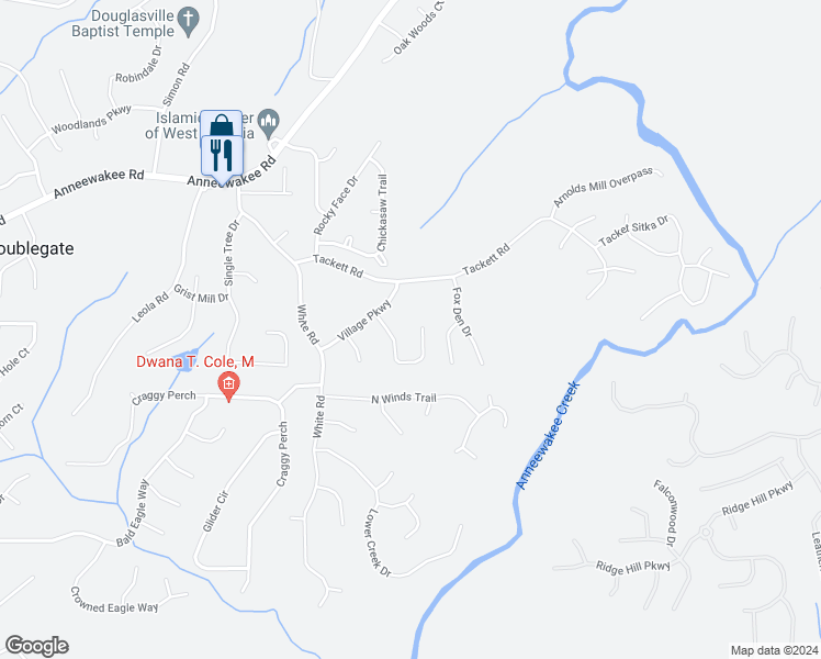 map of restaurants, bars, coffee shops, grocery stores, and more near 4340 Caroline Court in Douglasville