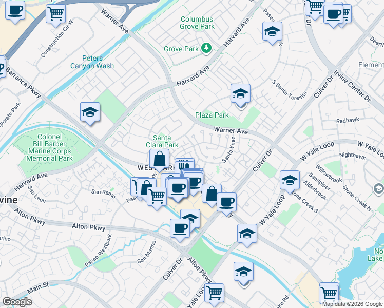 map of restaurants, bars, coffee shops, grocery stores, and more near 3603 Ladrillo Aisle in Irvine
