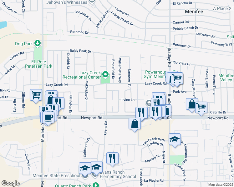 map of restaurants, bars, coffee shops, grocery stores, and more near 29891 Coalinga Court in Menifee