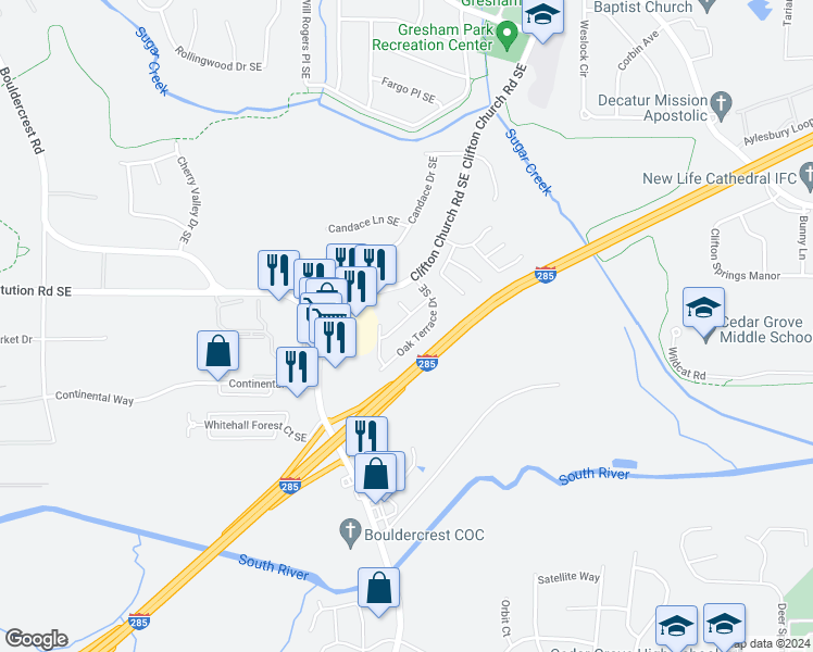 map of restaurants, bars, coffee shops, grocery stores, and more near 2145 Forest Ridge Road Southeast in Atlanta