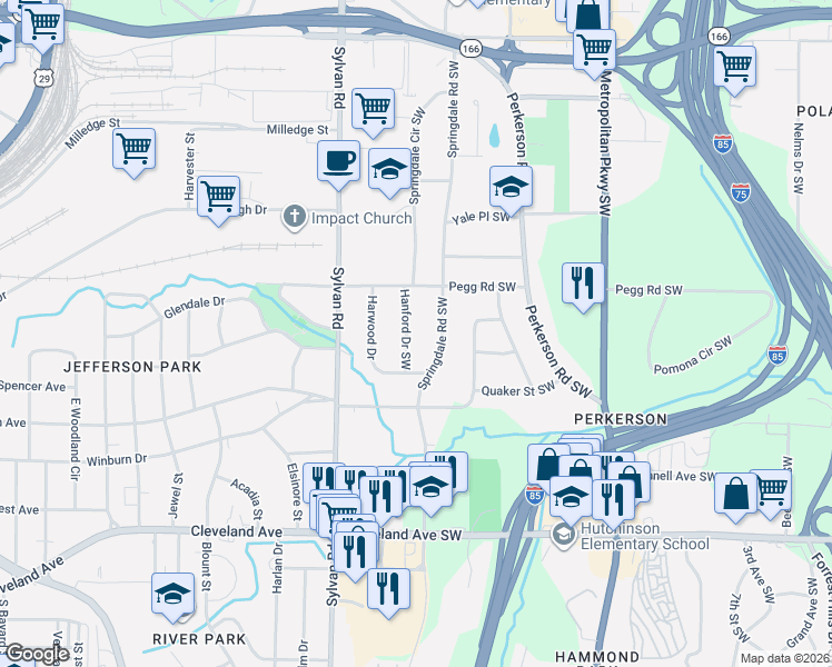 map of restaurants, bars, coffee shops, grocery stores, and more near 2456 Hanford Drive Southwest in Atlanta