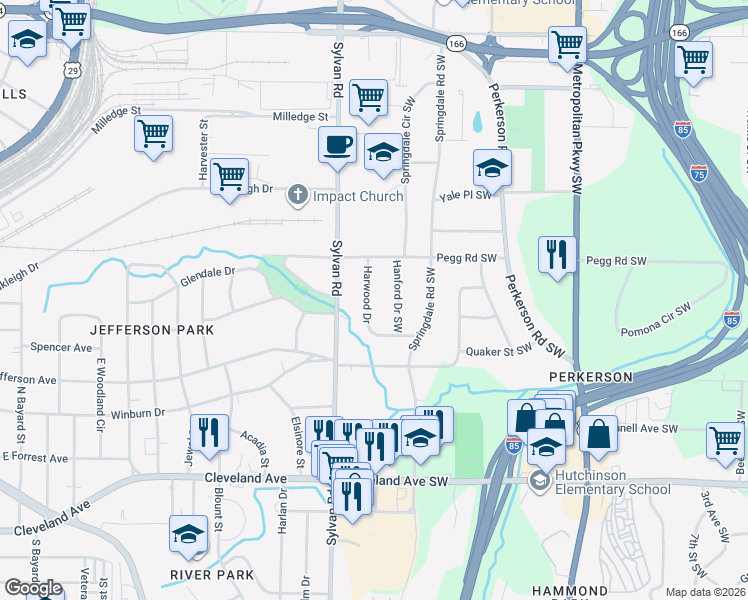 map of restaurants, bars, coffee shops, grocery stores, and more near 2484 Harwood Drive in East Point
