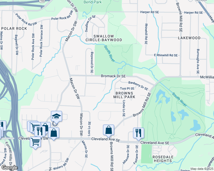 map of restaurants, bars, coffee shops, grocery stores, and more near 2442 Antwerp Drive Southeast in Atlanta