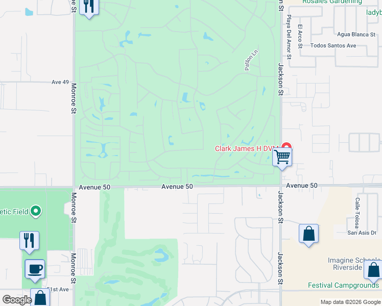 map of restaurants, bars, coffee shops, grocery stores, and more near 82548 Grant Drive in Indio